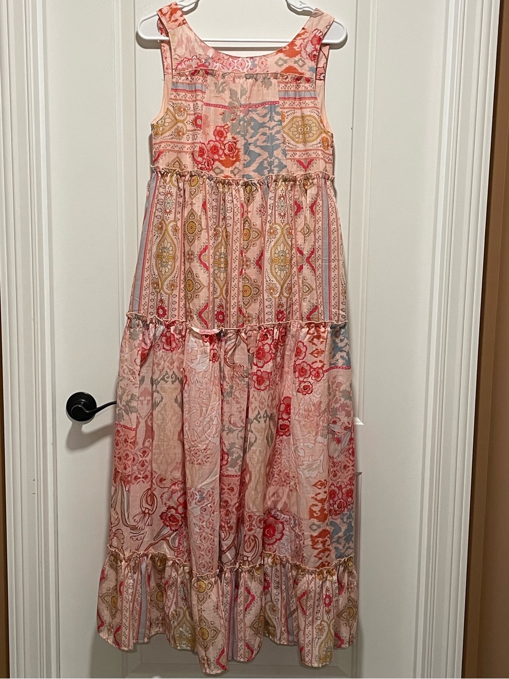 DAVI & DANI Pink Gold Blue Bohemian Printed Tiered Sleeveless Maxi Dress Sz Sm - Picture 2 of 11
